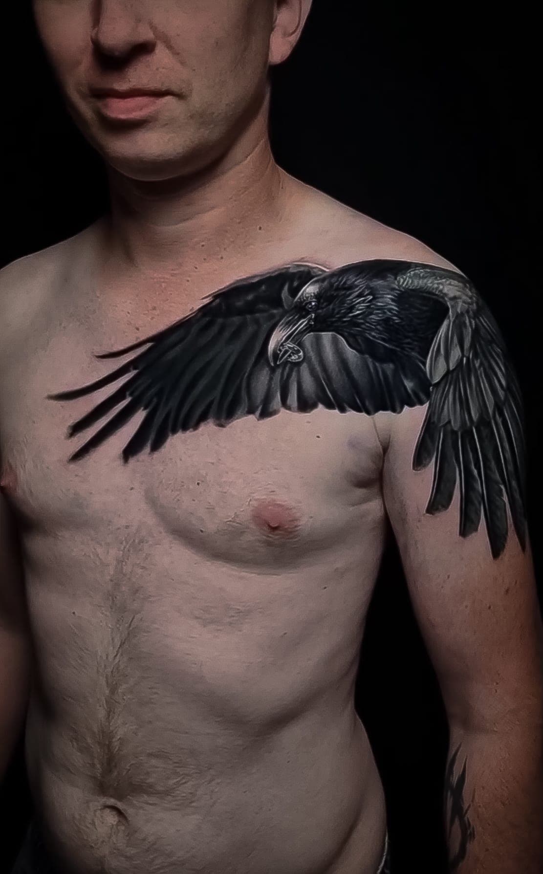 Kruk z rozpostartymi skrzydłami w realizmie black&grey