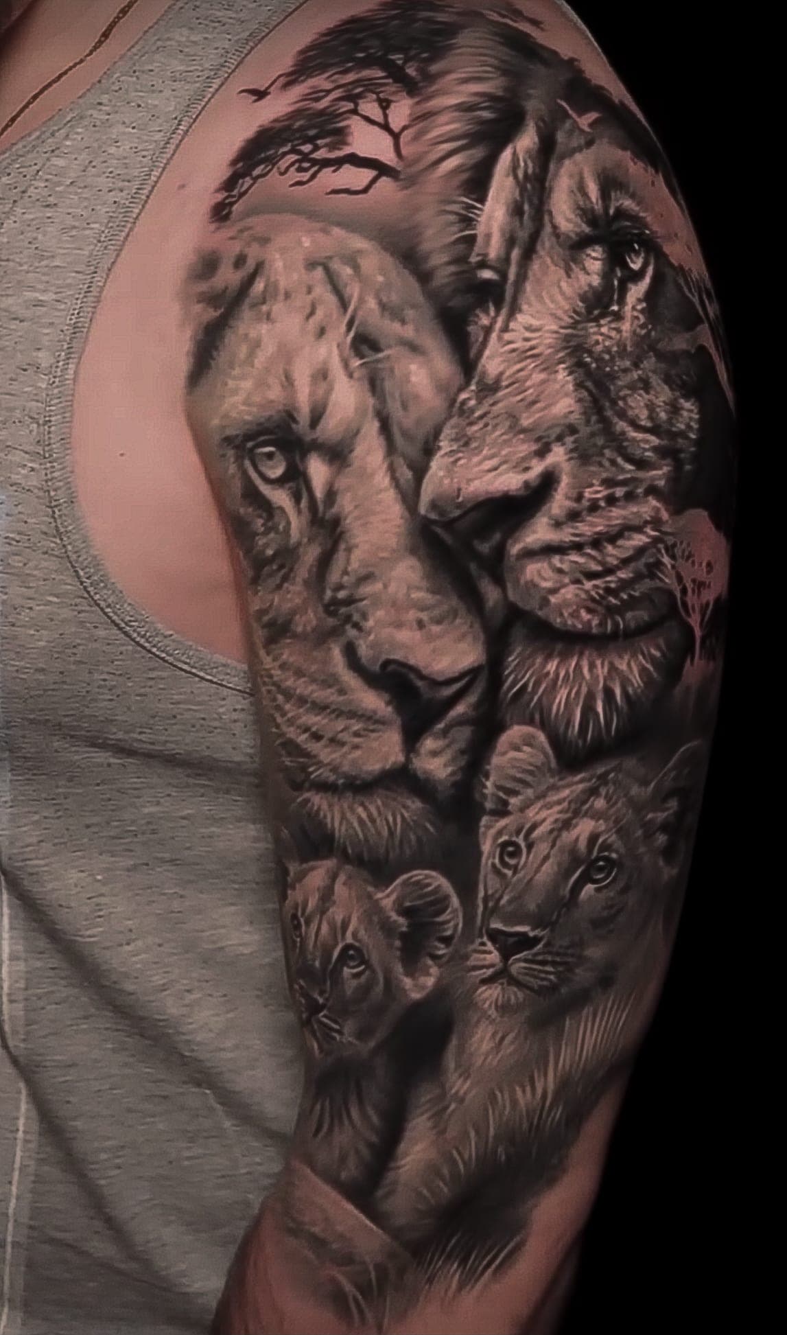 Lew, lwica i lwiątka w realizmie black&grey