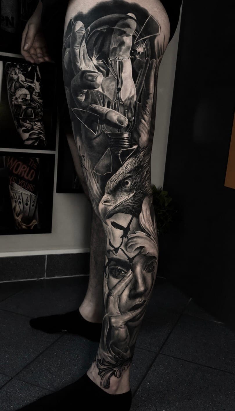 Portrety, orzeł i twarz kobiety na całej nodze — realizm black&grey