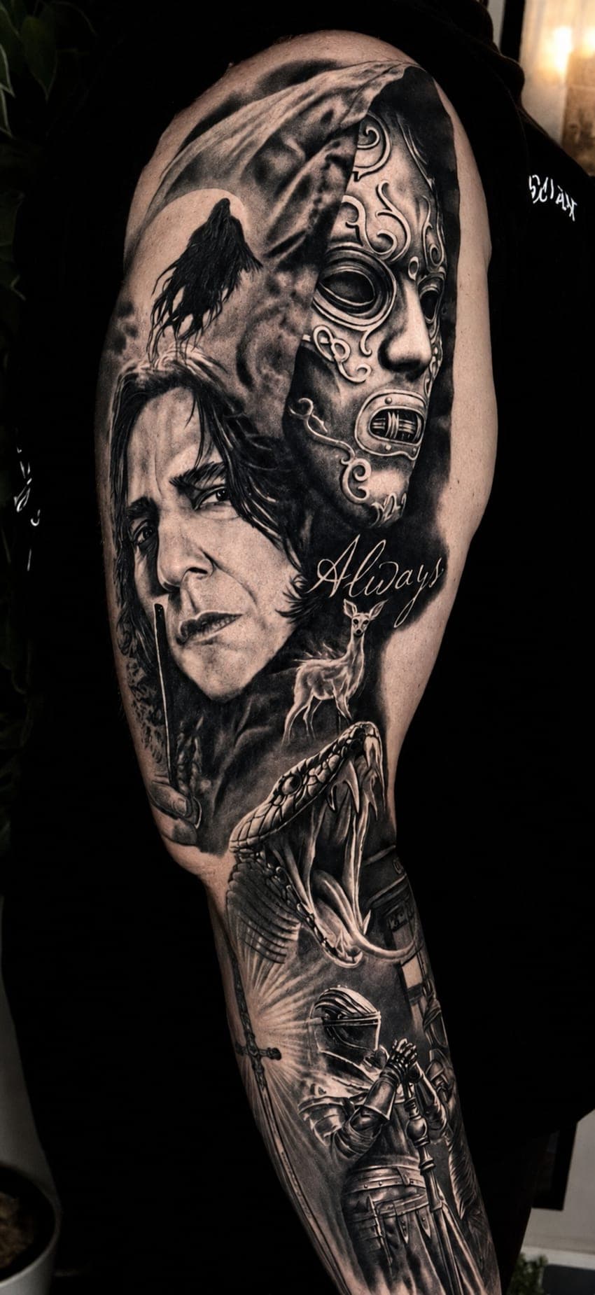 Rękaw z motywami z „Harry’ego Pottera” — Snape i napis „Always”, realizm black&grey
