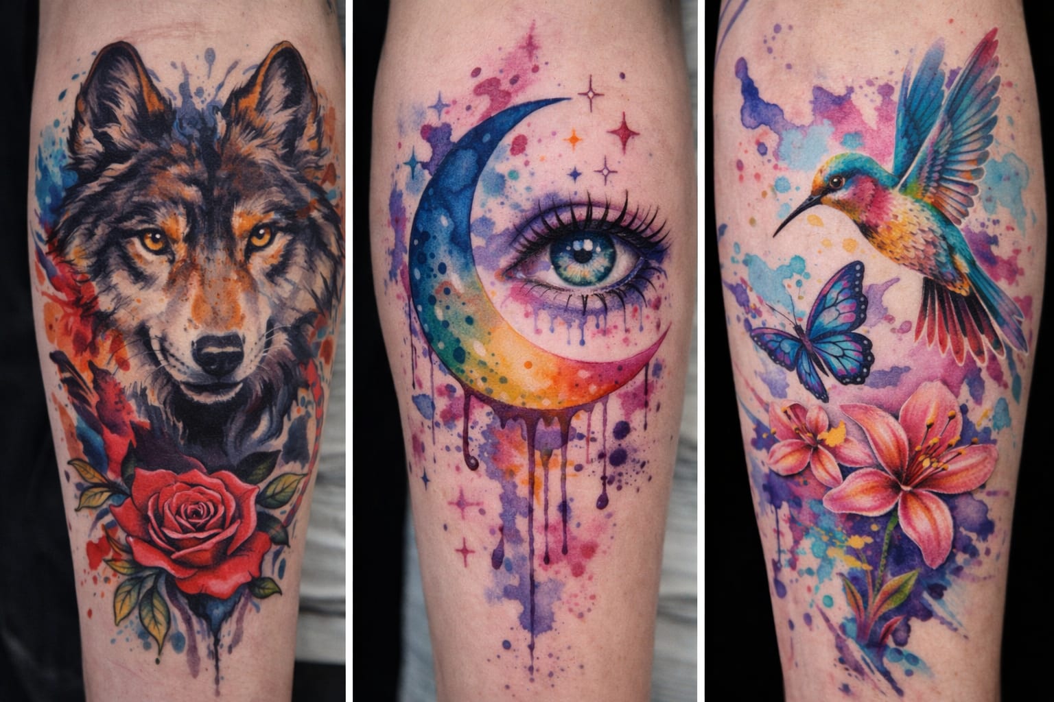 Trzy tatuaże w stylu watercolor — wilk, księżyc z okiem i koliber. Plamy barwne imitujące rozmycie akwareli, bez czarnego konturu