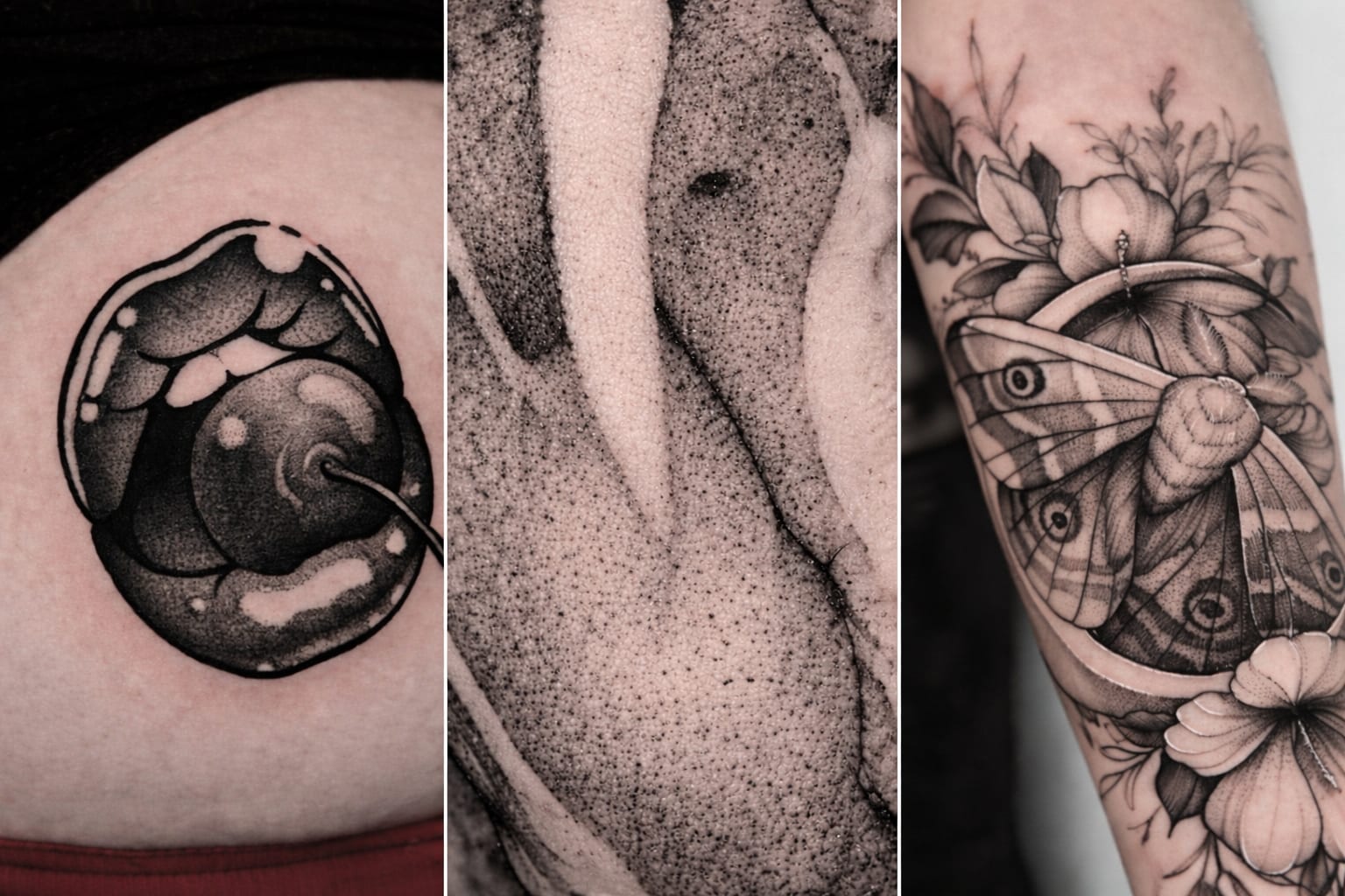 Trzy prace Umbra Tattoo w dotworku i whipshadingu — oko w owalnej ramie, faktura cieniowana punktowo i ćma wśród kwiatów