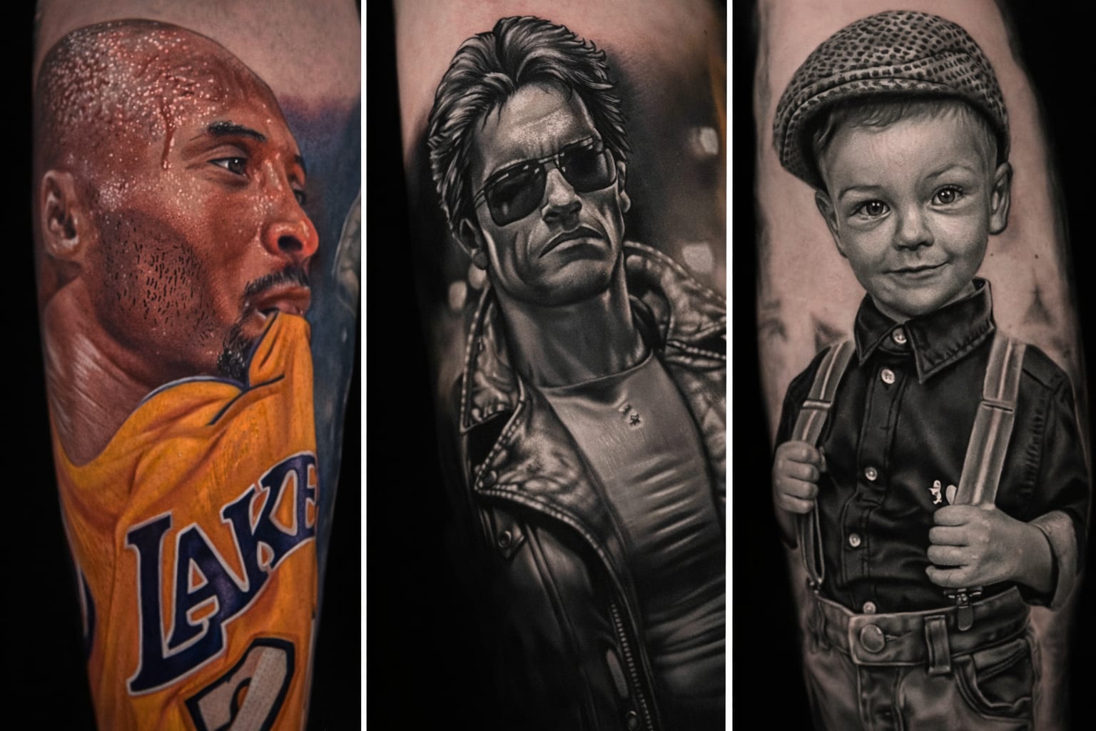 Trzy portrety w realizmie od Umbra Tattoo — Kobe Bryant w kolorze, Terminator i chłopiec w kaszkiecie w black&grey